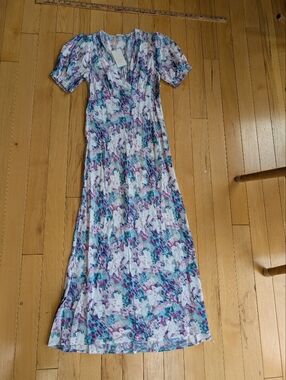 a new day Teal, Purple, White Watercolor Floral V Neck Garden Maxi Dress